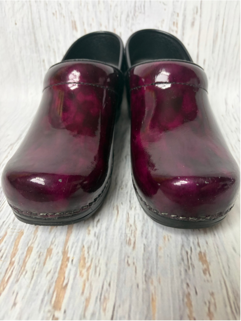 Women's Sanita Patent Leather Clogs Purple Black Size 37 - Picture 2 of 9